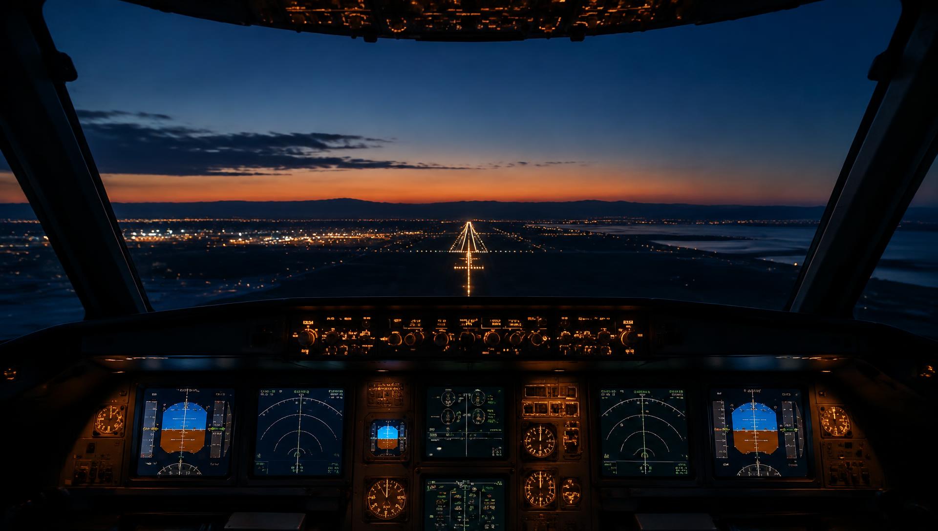 View from an airliner cockpit approaching a lit runway at dusk